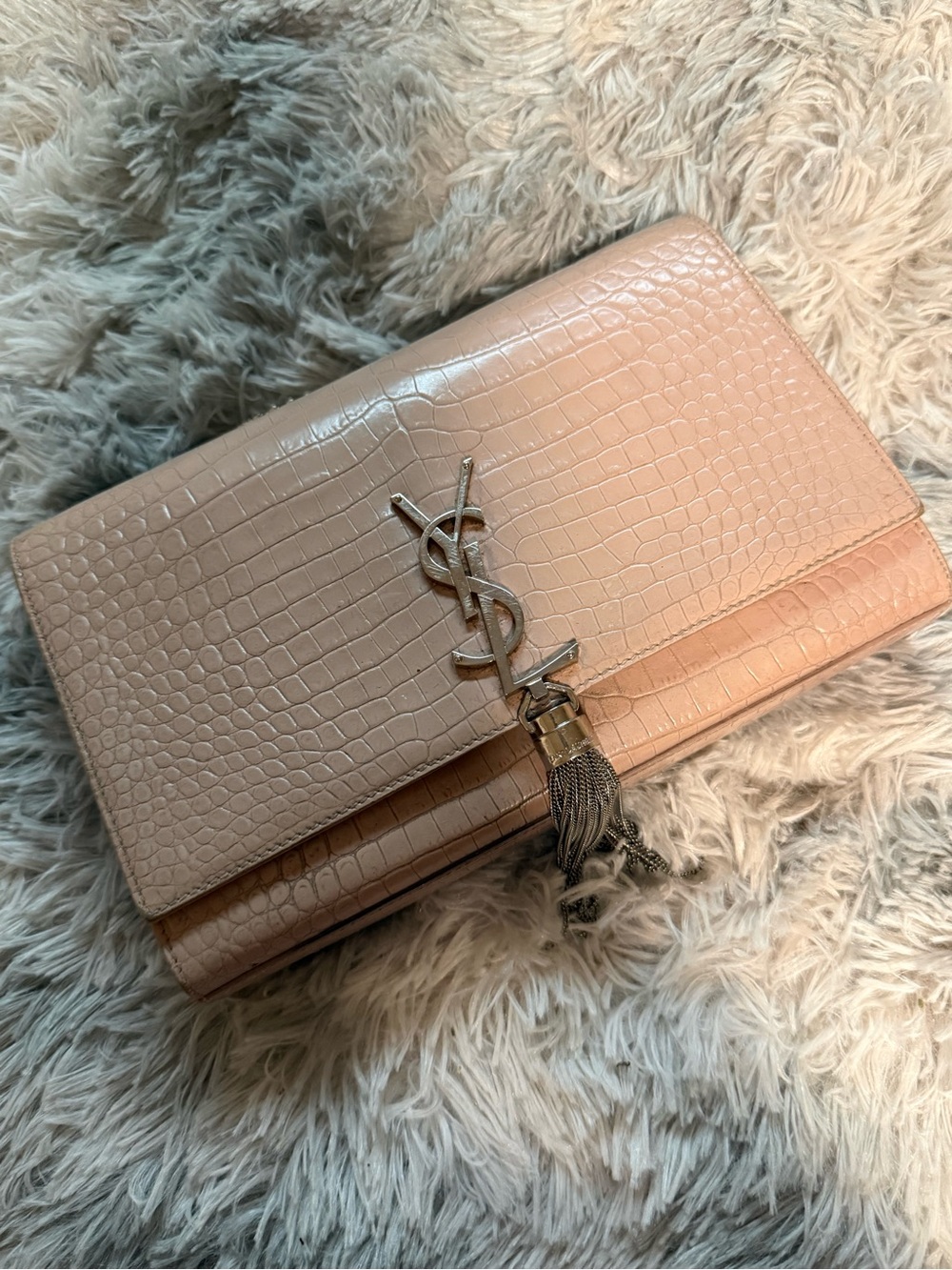 Saint Laurent Croc-Embossed Pale Pink Kate Tassel Shoulder Bag